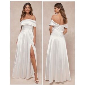 Lulus Greatest Hits White Satin Off Shoulder Tulle Lining Pockets Maxi Dress NWT